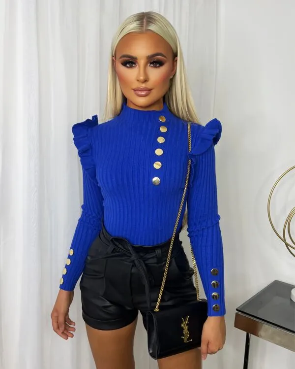 Blue Gold Button Frill Sleeve Jumper