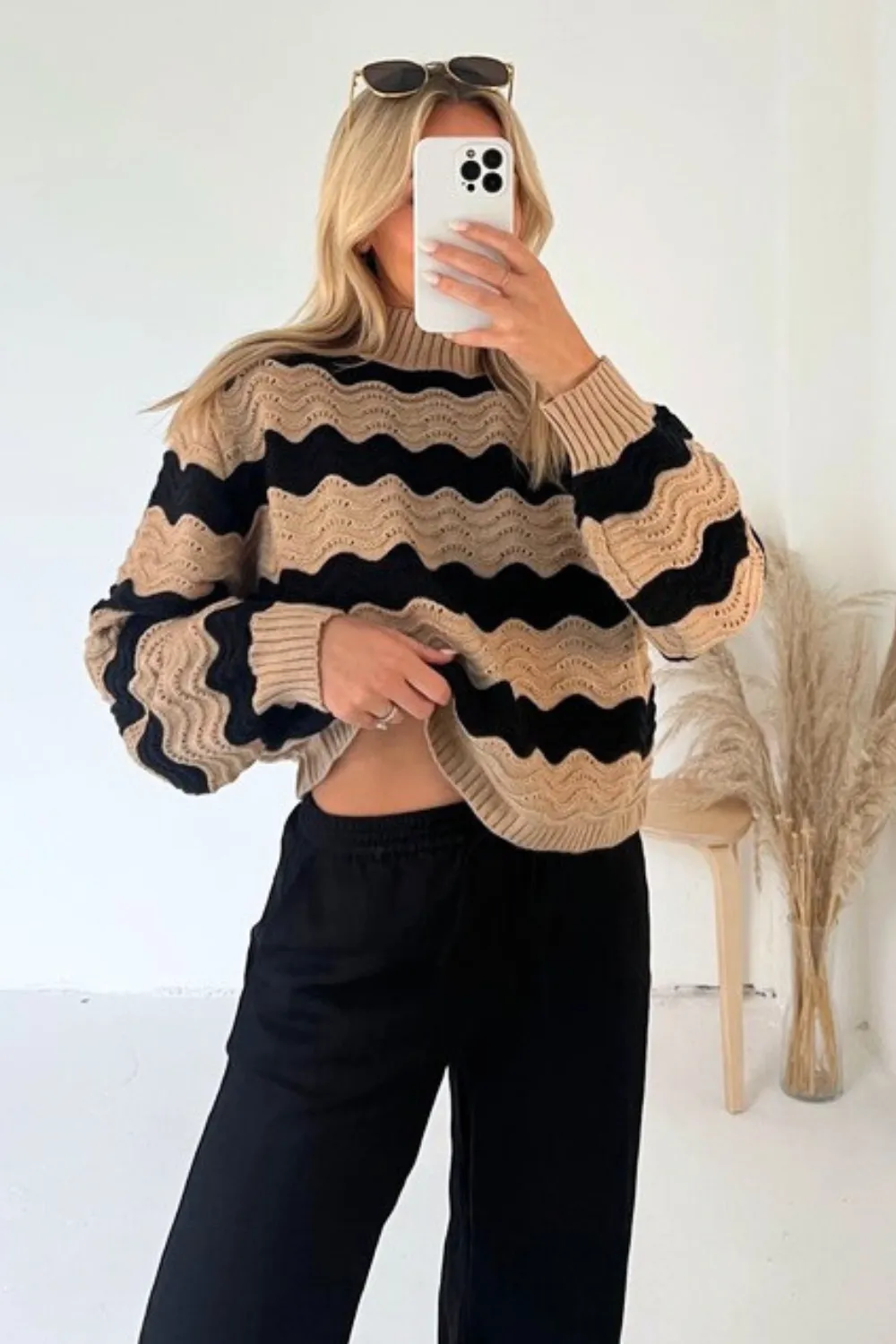 Katie camel cable knit wave jumper