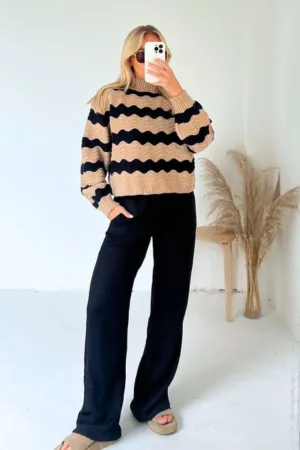 Katie camel cable knit wave jumper