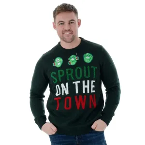 Mens Funny Novelty Knitted Sprout On The Town Christmas Jumper