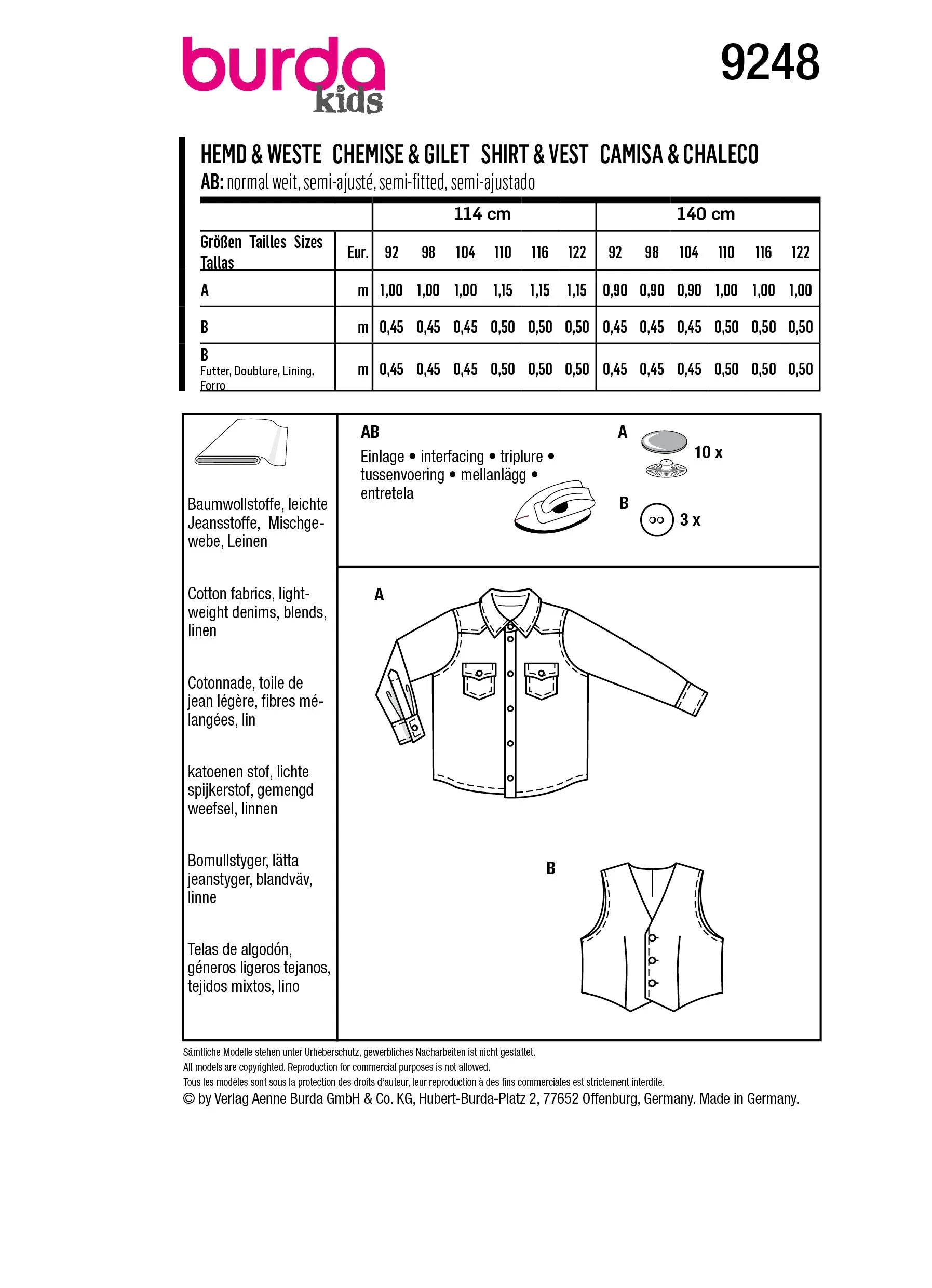 Patron Burda Enfant n°9248 : Chemise & Gilet