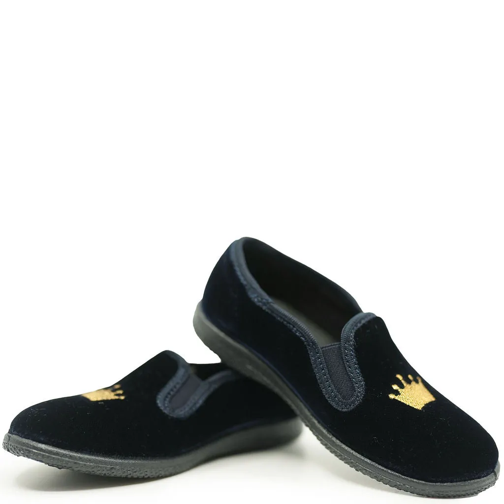 Pepe Navy Velvet Crown Embroidered Slip On