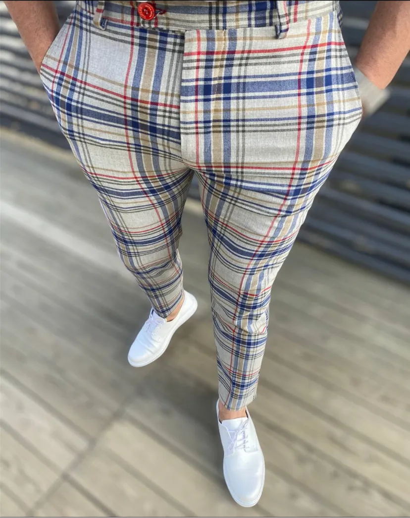 PLAID SLIM FIT CHINO PANTS