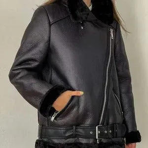 Women's Black Oversized Shearling Leather Jacket